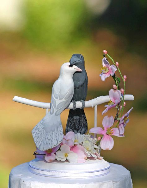 Romantic Dove and Raven with pink dogwoods Wedding Cake Topper Raven Cake Topper, Dove Wedding Cake Toppers, Wedding Cake With Birds, Dove And Raven, Raven Wedding, Cake Topper Wedding Romantic, Bird Cake Topper Wedding, Wedding Cake Birds, Lantern Wedding