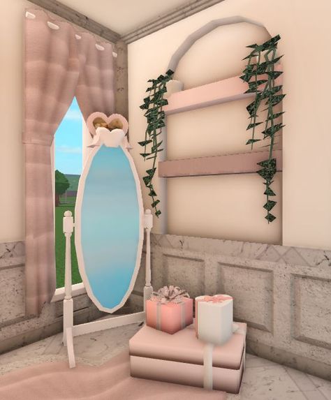 Bloxburg Pink House Ideas, Croquette Bloxburg House, Blush Bloxburg Exterior, Coqquete Bloxburg House, Croquette House, Coquette Kitchen Bloxburg, Coquette Living Room Bloxburg, Blush Mansion Bloxburg, Coquette Blocksburg House