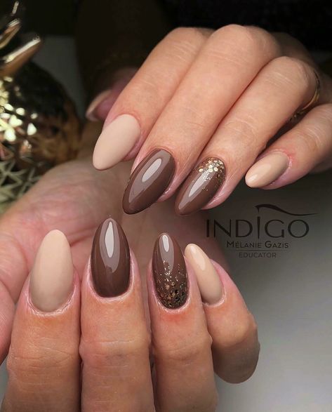 Gel Nails November 2024, Brown Autumnal Nails, Brown Autumn Nails Almond, Almond Autumn Nails 2024, Autumn Nails 2024 Brown, 2014 Nails, Indigo Nails, October Nails, Sassy Nails