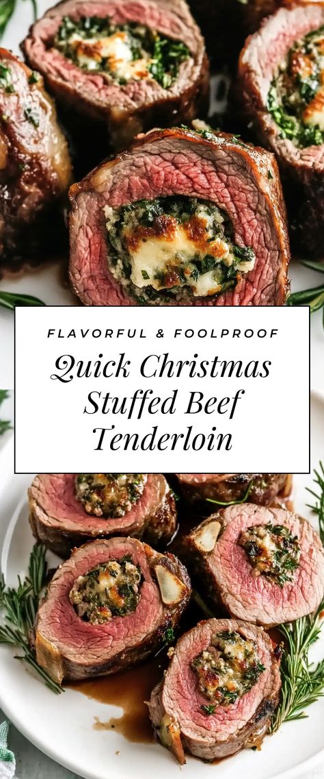 Image for Quick Christmas Stuffed Beef Tenderloin Easy Christmas Meat Recipes, Elegant Beef Recipes, Christmas Main Course Meat, Christmas Eve Main Dish, Whole Tenderloin Recipes Beef, Veal Tenderloin Recipes, Holiday Beef Recipes, Fancy Christmas Dinner Ideas, Christmas Main Course Ideas