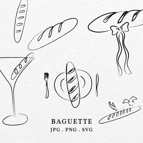 Baguette Drawing, Baguette Illustration, Bread Doodle, French Graphic Design, Bakery Illustration, Bread Illustration, French Bread Loaf, Art Outline, French Illustration