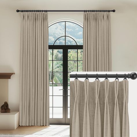 PRICES MAY VARY. Pinch Pleated Curtains of Package: Each Package include 2 panels of pinch pleated curtains blackout and 20 hooks (without rings), each panel is 40 inches wide and 108 inches long, the linen blackout curtains suitable for bedrooms, living room, dining room, nursery, kitchens, farmhouse and more. 100% Blackout Curtains：The pinch pleat linen curtains have a 205g heavyweight white lining, which is designed to block out 100% sunlight, uv rays and work well in noise reducing,thermal i Arch Window Treatments Living Room, Tan Living Room Curtain Ideas, Apartment Living Room Curtains Ideas, Curtains For Farmhouse Bedroom, Huge Windows Living Room Curtains, Living Room 3 Window Curtains Ideas, French Doors With Drapes, 3 Panel Curtains Ideas, Family Room Drapery Ideas