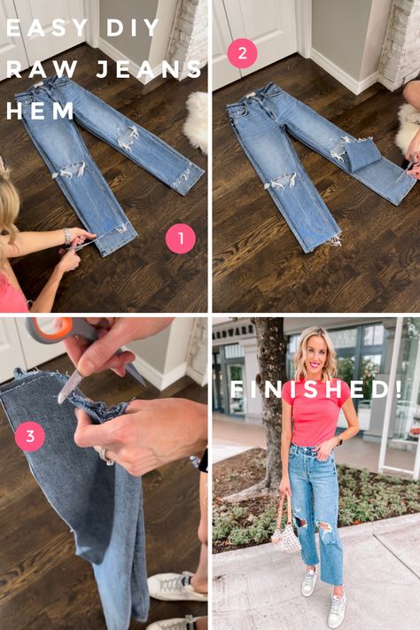 Jeans too long? No problem! I'm showing you how to hem your own jeans with this stylish and easy DIY raw hem. Cheap Cutoff Jeans With Frayed Hem, Jeans That Are Too Long, Fitted Jeans With Frayed Hem And Standard Cut Leg, How To Cut Jeans That Are Too Long, Raw Hem Straight Leg Jeans, Jeans Too Long, Frayed Hem Full Length Rigid Denim Jeans, Raw Hem Jeans Diy, Diy Cutoffs