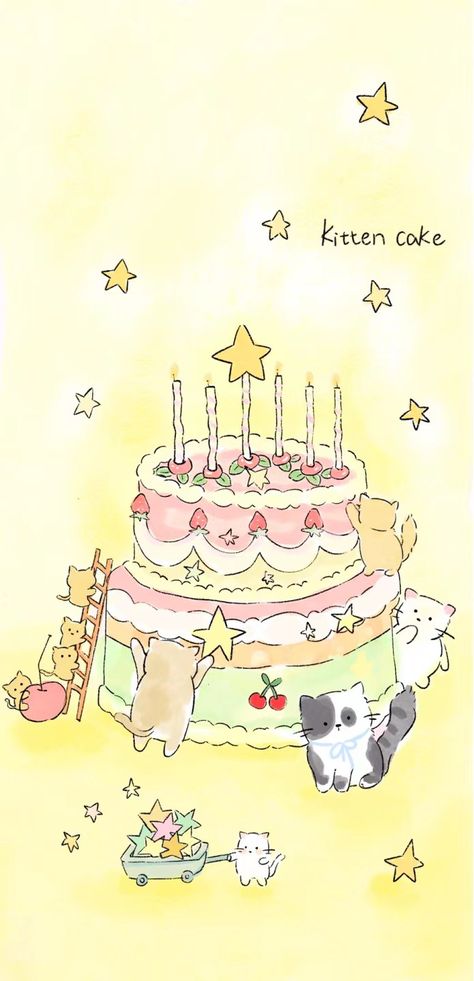 Happy Birthday Cute Wallpaper, Kawaii Birthday Cake Drawing, Kawaii Birthday Wallpaper, Birthday Zine Ideas, Cute Birthday Illustration, Christmas Cake Drawing, Birthday Cake Paper Craft, Birthday Cake Drawing Aesthetic, Cake Wallpaper Aesthetic