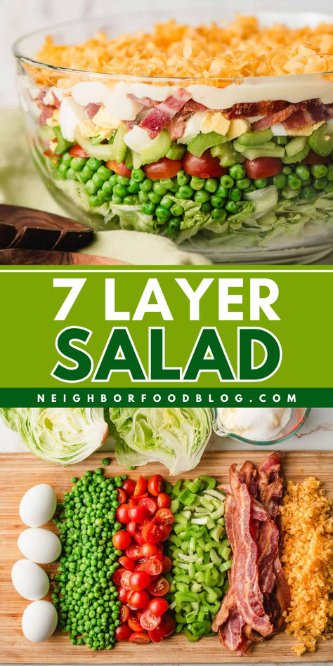 This 7 Layer Salad is the ultimate picnic salad! It’s not often you find a make ahead salad, but this is the one! With seven layers of crunchy lettuce, veggies, cheese, and bacon and a classic creamy dressing, this layer salad keeps for days and is perfect for summer potlucks and BBQs. 7 Layer Pea Salad Recipes, Layered Spring Pasta Salad 12 Tomatoes, 7 Layered Salad Recipe Classic, Easy Seven Layer Salad, Summer Lettuce Salads, Camping Salads Make Ahead, Layer Salad With Peas, Cold Sides For A Crowd, Seven Layer Salad Recipe Classic