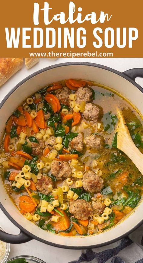 Italian Wedding Soup is loaded with homemade Italian meatballs, pasta, savory vegetables, salty parmesan, and classic Italian seasoning. It's one of our favorite soups for lazy winter days, but it's great for hearty dinners any time of year. #soup #recipe | dinner ideas | dinner recipes | soup recipes | meatball recipe | healthy dinner | easy recipes Italian Wedding Soup With Ditalini, Crockpot Italian Wedding Soup Easy, Italian Wedding Soup With Escarole, Meatball Recipe Ideas, Tortellini Soup Recipes, Dinner Recipes Soup, Healthy Dinner Easy, Meatballs Pasta, Homemade Meatballs Recipe