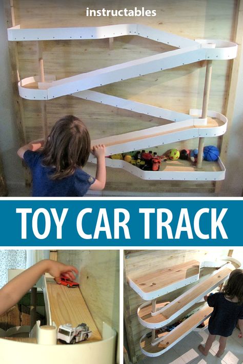 Toy Car Play Ideas, Car Wall Storage, Racetrack On Wall, Parking Garage For Toy Cars, Hotwheels Play Ideas, Car Toys Storage Ideas, Diy Racetrack For Toy Cars, Wall Race Track Diy, Toy Car Wall Storage