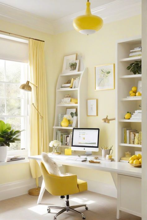 interior design, home decor, space planning, kitchen designs Home Office Ideas Yellow, Office Yellow Walls, Airy Home Office, Yellow Home Office, Bright Airy Home, Yellow Study, Easy Chile, Workspace Home, Airy Home