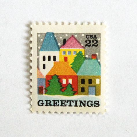 Ten 22c Winter Village in Snow Christmas StampsIssued: October 24, 1986Scott Catalog #224510 Mint, unused postage stamps with original gum as issued by the Post Office. These stamps are genuine and valid to use as postage for current mailing. Be sure to use enough total postage to meet the current postal rate for the item you are mailing. Great for special mailings like weddings, birthdays, valentines, and events. Also good to use for scrapbooking or displaying in a small picture frame. It's a m Winter School Display, Screen Printed Christmas Cards, Vintage Christmas Graphic Design, Vintage Christmas Stamps, Village Illustration, Colorful Village, Small Picture Frame, Christmas Card Display, Christmas Mail