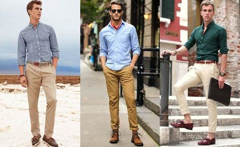 Almost all kinds of shirts look great with beige chinos. Chinos Men Outfit, Beige Trouser, Kemeja Denim, Male Outfit, Tie Outfit, Brown Chinos, Beige Chinos, Chinos Style, Beige Pants