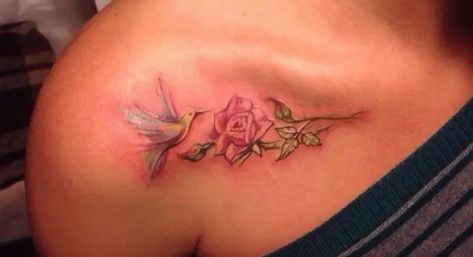 Hummingbird With Rose Tattoo, Hummingbird And Rose Tattoo, Geometric Hummingbird Tattoo, Rose Tattoo On Shoulder, Hummingbird Tattoo Design, Colorful Hummingbird Tattoo, Stargazer Lily Tattoo, Purple Flower Tattoos, Hummingbird Tattoos