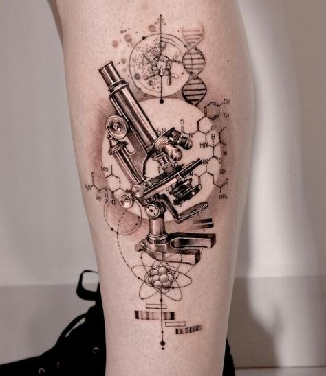 Realistic microscope tattoo on leg Small Science Tattoos, Science Tattoo Ideas, Biology Tattoo, Scientific Tattoo, Chemistry Tattoo, Teacher Tattoos, Science Tattoo, Science Tattoos, Dna Tattoo