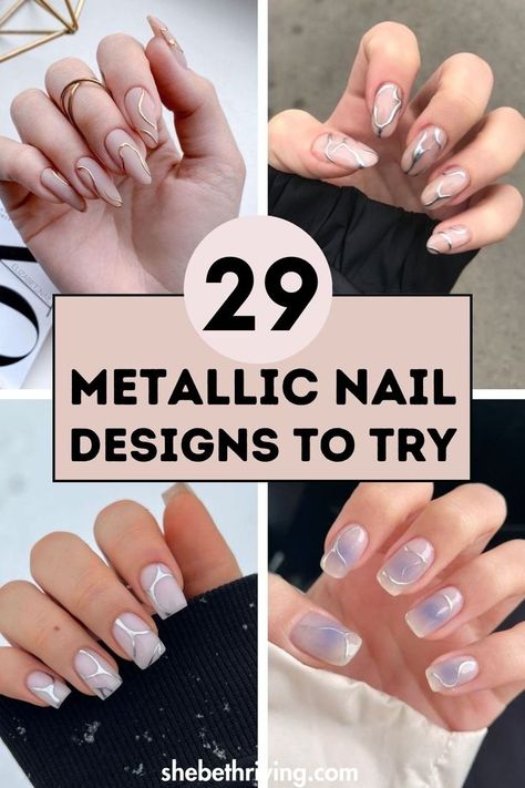 Metallic Nail Designs Metallic Chrome Nails Designs, Nails With Metallic Design, Mixed Metal Nails, Liquid Metal Nails, Metallic Acrylic Nails, Chrome Accent Nail, Metallic Nail Ideas, Metallic Nail Designs, Nail Design Gold