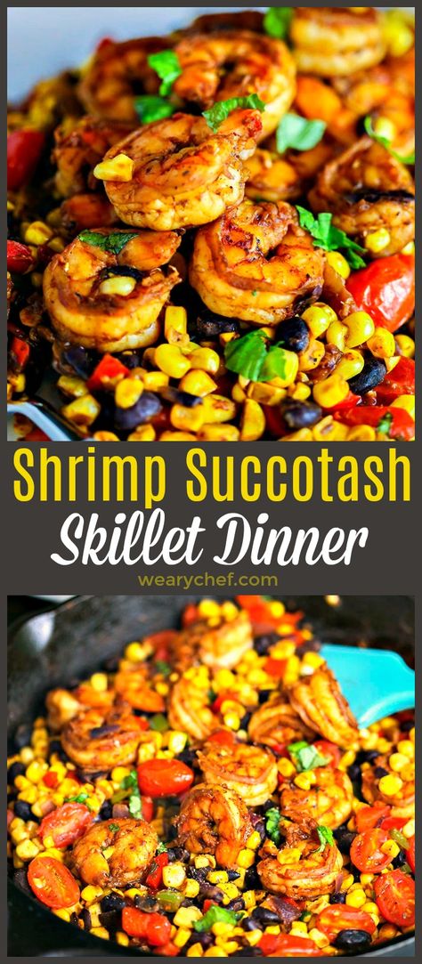 Southwest Shrimp Succotash made with fresh corn and black beans is a fresh, healthy, and easy dinner you can make in one skillet! Southwest Shrimp, Corn And Black Beans, Succotash Recipe, One Skillet, Seafood Dinner, Beef Dinner, Fresh Corn, Seafood Dishes, One Pot Meals