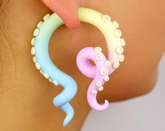 Tentacle earrings | Etsy CA Peach Pink Wedding, Fake Plugs Earrings, Faux Gauges, Fake Gauge Earrings, Ear Gauges Plugs, Pastel Earrings, Disney Earrings, Fake Earrings, Fake Gauges