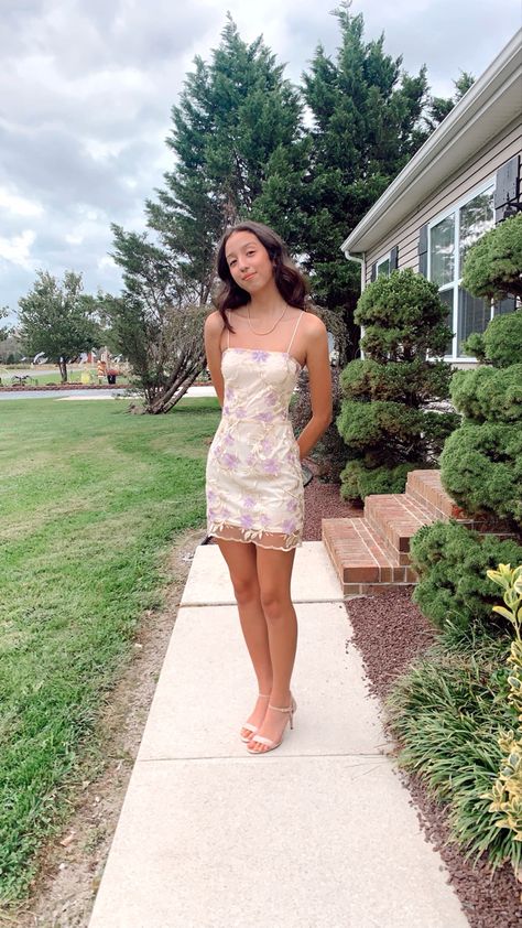 homecoming dress | mini dress | formal | fancy Flower Hoco Dress, Hoco Dresses Floral, Homecoming Dresses Floral, Spring Fling Dresses, Floral Hoco Dress, Dress Formal Short, Hoco Poses, Spring Fling Dress, Satin Sleeves