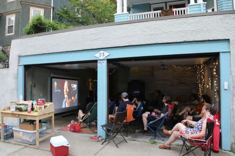 Garage Into Movie Room, Garage Projector Screen, Garage Movie Theater Diy, Projector In Garage, Garage Home Theater Ideas, Cool Garage Ideas Hangout, Garage Theater Ideas, Carport Hangout Ideas, Garage Movie Room