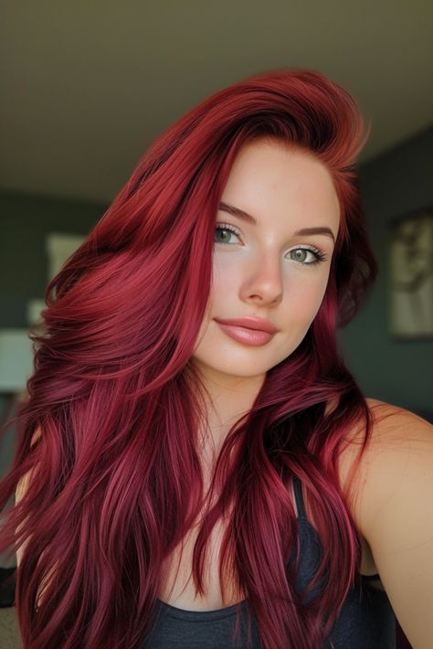 Cherry Red Hair Green Eyes, Deep Cherry Red Hair, Red Hair Styles, Hair Colour For Green Eyes, Hair Trends 2024, Cherry Hair Colors, Red Hair Green Eyes, Red Hair Looks, Cherry Red Hair