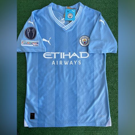 Brand New Man City Home Jersey For The 2023/24 Season In Player Version Comes With Champions League Winners Patch And Erling Haaland On The Back Available In Medium, Large, And Xl. Player Version So It’s Slim Fitting, Recommend Going A Size Up Hablo Espaol Man City Jersey, Champions League Winners, Jersey Bola, Wishlist 2024, City Outfits, Man City, Soccer Jerseys, New Man, Manchester City