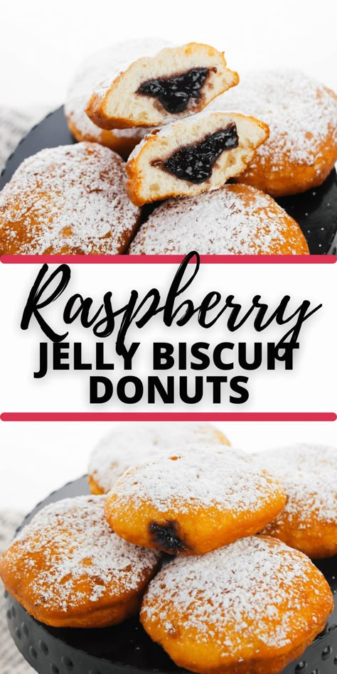 Biscuit Donuts Recipe, Air Fryer Jelly Donut Recipes, Pilsbury Biscuit Doughnut, Pillsbury Biscuit Donuts, Peanut Butter And Jelly Donut, Raspberry Jelly Donut, Powdered Jelly Donut, Canned Biscuit Donuts, Fried Biscuits