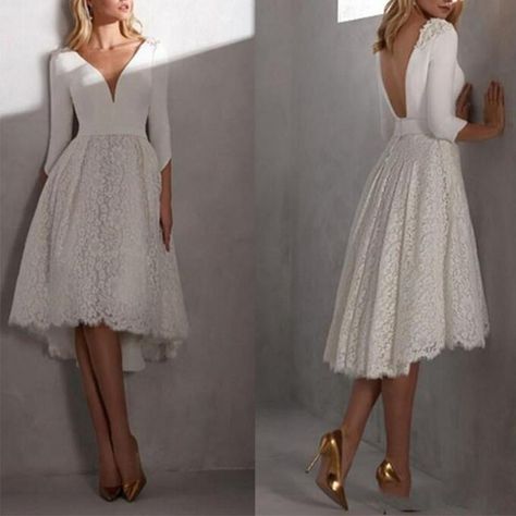 Short Wedding Dresses 2022 Vintage V-neck Backless Bridal Gowns Lace Satin A-Line Knee-Length Long Sleeve Robe De Mariée _ - AliExpress Mobile Lace Front Short, Long Gown For Wedding, Elegant Wedding Gown, Long Wedding Dress, Backless Bridal Gowns, Bridal Gowns Vintage, Boho Bridal Gowns, Tea Length Wedding, Beach Wedding Dress Boho