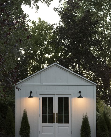 The Storage Shed Reveal - Room for Tuesday Blog Shed Lighting Ideas, Shed Exterior Ideas, White Shed, Sheds Ideas Backyard, Outdoor Shed, Shed Landscaping, Shed Makeover, Pool Shed, Room For Tuesday