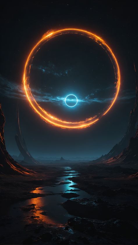 The Moon, centered, casts a dark umbra on Earth, depicting the path of totality. The Sun, in radiant oranges and yellows, forms a stunning corona effect around the Moon, all aligned casting a fading black hole sun halo in the space, orbit space vfx, exosphere, cosmic, astral, quantic, cold and warm,energy-filled epic science fiction film concept digital art by maciej kuciara and vincent di fate,1998 NASA photo, hasselblad electric camera 70mm film, skylab flashlight photography, in the style of Interstellar by Christopher Nolan Black Hole Real Image, Mystery Background, 70mm Film, Flashlight Photography, Maciej Kuciara, Celestial Bedroom, Black Hole Wallpaper, Halo Drawings, Sun Halo