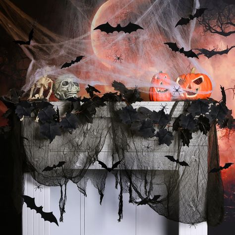 PRICES MAY VARY. Halloween essentials: Fireplace mantle decorations kit adds a touch of mystery and fun to your Halloween party. It is a perfect choice for you to save your time and money on choosing related good, and prepare better for the arrival of Halloween. Background decoration: A maple leaf garland, a light yarn and 12 differnt bat ornaments. These fake bats can be placed on the garland or gauze. They are all black and perfect for creating a slightly creepy vibe. It's like casting a veil Halloween Fall Fireplace Decor, Chimney Mantel Decor, Halloween Decor Dining Room, Spooky Indoor Halloween Decor, Halloween Decor Small Porch, Spooky Halloween Party Decor, Budget Friendly Halloween Decor, Spooky Forest Halloween Decor, Halloween Bridal Shower Decorations