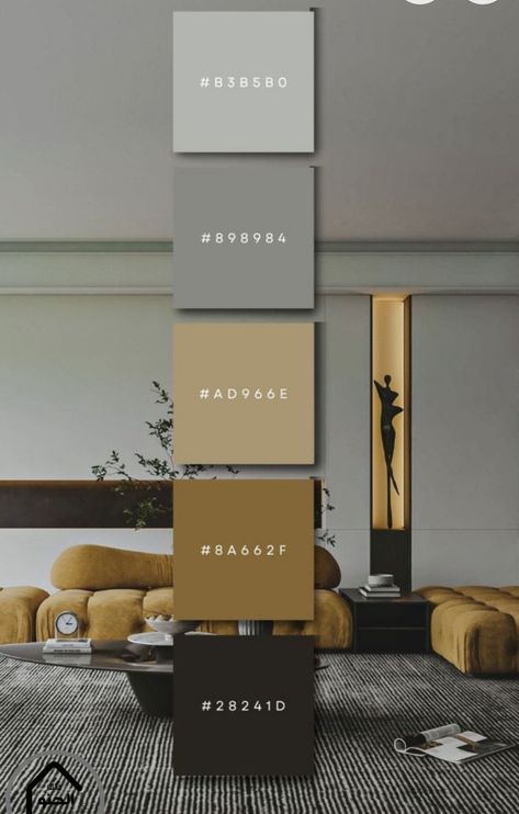 Light Grey Wood Color Palette, Brown Black Grey Color Palette, Grey And Gold Color Scheme, Modern Interior Color Palette 2023, Interior Design Color Palette Modern, Black White Grey Gold Color Palette, Black And Grey Room Decor, Black Color Pallete Colour Schemes, Office Interior Color Palette