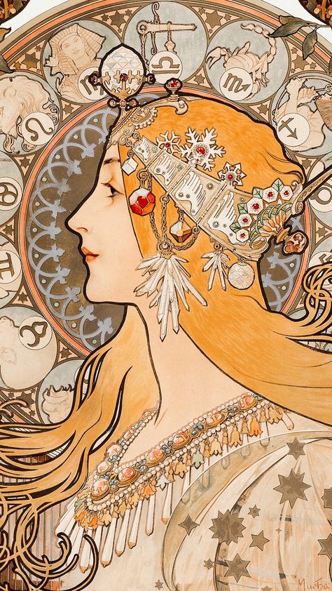 Vintage mobile wallpaper, iPhone background, Zodiaque or La Plume, remix from the artwork of Alphonse Maria Mucha | free image by rawpixel.com / The Art Institute of Chicago (Source) Mobile Wallpaper Iphone, Alphonse Mucha, Photo Illustration, Mobile Wallpaper, Iphone Background, Wallpaper Iphone, Art Nouveau, Iphone Wallpaper, Iphone