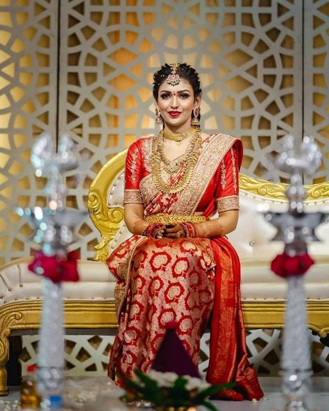 Pelli Kuthuru Look, Red Pattu Saree Brides, Benarasi Saree Wedding, Pellikuthuru Sarees, Muhurtham Saree South Indian Bride, Red Saree Wedding, Kanchipuram Pattu Sarees, Wedding Matching Outfits, Saree Ideas