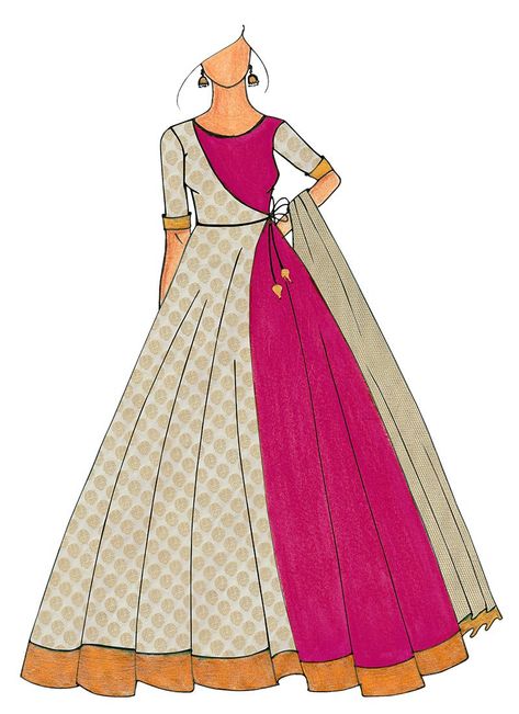 A Full Length Magenta Jacket Style Anarkali Anarkali Dress Drawing, Dress Indian Style Drawing, Magenta Jacket, Designing Dress, Dresses Drawing, Designs Clothes, Computer Illustration, Illustration Face, Traditional Illustration