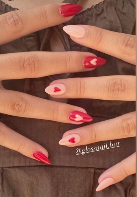 Cute Simple Valentines Nails Short Almond, Valentines Nail Inspo Almond, Vday Nail Inspo Almond, Heart Nail Inspo Short, Valentine’s Day Red Nails, Solid Valentines Day Nails, Non Basic Valentines Nails, Valentine’s Day Simple Nails, Matching Valentines Nails