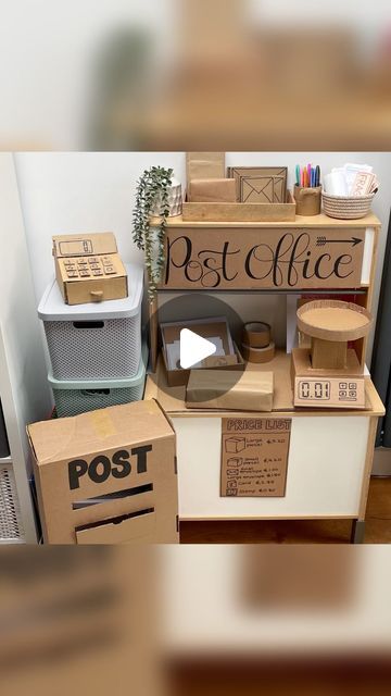 Cheryl Gavrielides on Instagram: "Postal weighing scales ⚖️  Day 2/5 - Cardboard creations 📦   You may have already seen our new post office kitchen area. We all love it!   And of course you can’t have a post office without postal scales! 🙌🏾  This was such a simple creation. Just a couple small boxes and a glue gun is pretty much all you need!  I think it is such a fun addition to our post office play area!  My children have been writing lots of letters and cards. And I have gradually added lots of fun writing and postal materials so that they can really get immersed in this postal experience 💕  And of course my lovely neighbour has found and given us some really fun writing resources too.   #diypostoffice #kidspostoffice #roleplayforkids #pretendplay #imaginativeplay #glueguncrafts #h Cardboard Post Office, Diy Post Office For Kids, Role Play Area Ideas, Christmas Post Office Role Play, Post Office Activities Preschool, Post Office Role Play, Office Play Area, Pretend Play Post Office, Post Office Play