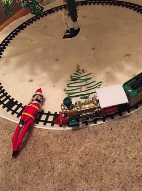 Train track elf on the shelf Bad Elf On The Shelf, Christmas Radio, Bad Elf, Shelf Elf, Horror Punk, Xmas Elf, The Elf On The Shelf, Elf On Shelf, Elf Christmas