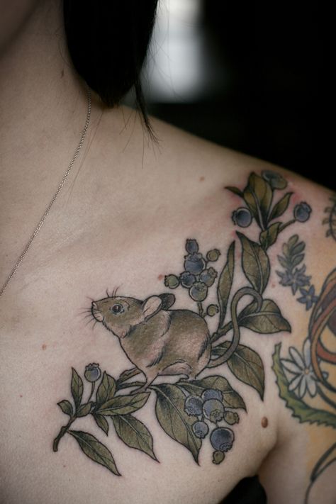 Little field mouse and blueberries for Sarah! Thanks, girl! Mouse And Strawberry Tattoo, Fall Bouquet Tattoo, Blueberry Branch Tattoo, Botanical Illustration Tattoo, Blueberry Tattoo, Blueberry Branch, Botanical Tattoo Design, Mouse Tattoo, Botanical Tattoos