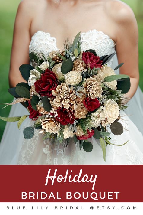 Holiday Wedding Sola Wood Flower Bridal Bouquet | Wedding Bouquet in Burgundy, Ivory and Green | Eucalyptus & Pine | Christmas Wedding Flower Ideas | Winter Wedding, Christmas Wedding | Wood Flower Bridal Bouquet | Rustic Christmas Wedding Bouquet in Red and Green | Eco-Friendly Wedding Flowers | Keepsake Wedding Flowers | Affordable Wedding Flowers Christmas Bouquet Wedding, Wedding Flowers Keepsake, Christmas Wedding Bouquet, Rustic Christmas Wedding, Bridal Bouquet Rustic, Christmas Wedding Bouquets, Christmas Wedding Flowers, Affordable Wedding Flowers, Bridal Bouquet Blue