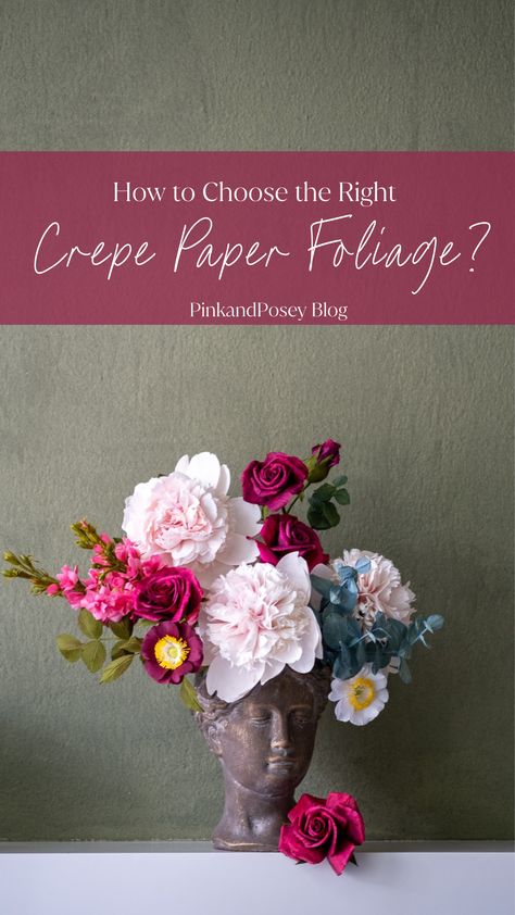 Image shows a bronze bust of a woman turned into a flower vase. It's filled with handmade crepe paper roses, anemones, and pink double peonies with a bit of foliage. It stands on a white table in front of a olive green wall. Key words: paper crafts, spring flowers aesthetic, DIY home decor Crepe Paper Flower Bouquet Diy, Carnation Flower Diy Crepe Paper, Crepe Paper Orchid, Paper Foliage, Peony Diy, Orchid Crepe Paper Flower, Crepe Paper Wild Flowers, Crepe Paper Flower, Crepe Paper Flowers Diy