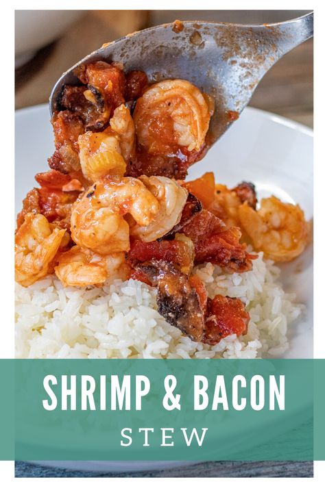 Spicy, saucy and loaded with bacon bits! This Shrimp and Bacon Stew is just the right thing for that bacon lover!  🥓 Shrimp Bacon Recipes, Bacon Shrimp Recipes, Bacon Stew, Shrimp And Bacon, Bacon Rice, Shrimp Meals, Shrimp Stew, Spicy Shrimp Recipes, Bacon Dishes