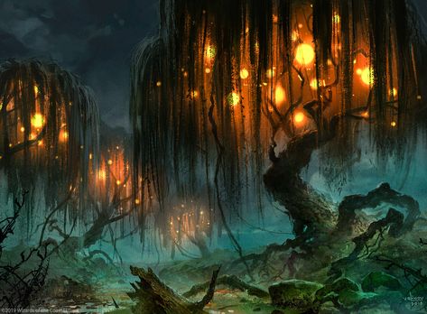 ArtStation - SWAMP, Svetlin Velinov Fey Landscape, Mtg Land Art, Beyond The Witchlight, Magic The Gathering Artwork, Mtg Art, Fantasy Land, Location Inspiration, Fantasy Forest, Fantasy Places