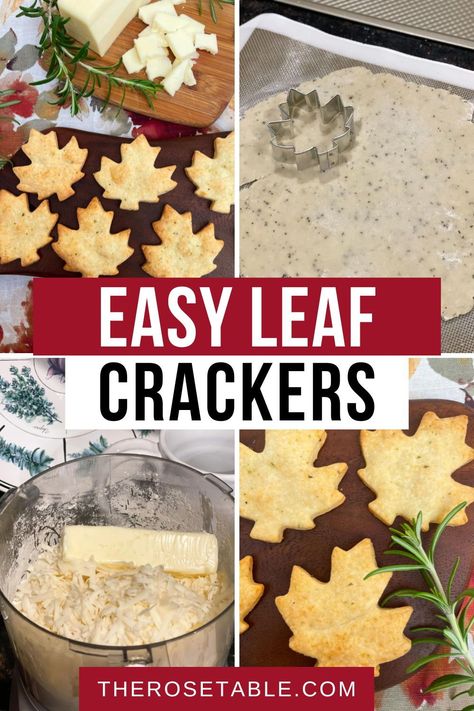 Easy, cheesy white cheddar rosemary leaf crackers! SO easy to make - beginner friendly! Rosemary Crackers Recipe, Easy Homemade Crackers, Crackers Homemade, Homemade Cheese Crackers, Cheesy Crackers, Fall Dinner Party, Homemade Crackers, Leaf Cookies, Autumn Recipes