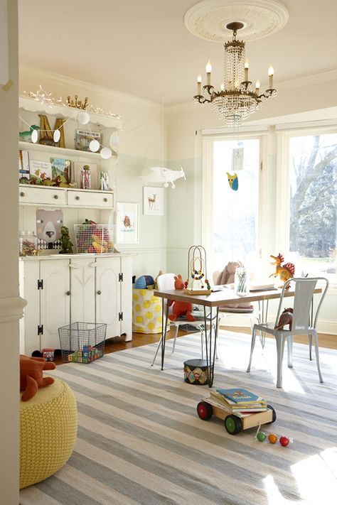 Maybe use a wide-stripe dhurri rug for the playroom instead of one with bright geographic patterns. Dining Room Alternatives, Kids Bedroom Inspiration, Playroom Decor, Formal Living, Dining Room Lighting, Kids Playroom, Kid Spaces, Dining Room Design, Formal Dining Room