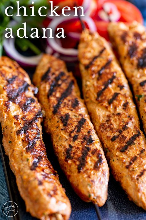 Chicken Adana Kebab Recipe, Chicken Adana, Turkish Chicken Kebab, Adana Kebab Recipe, Easy Summer Dinner, Mediterranean Recipe, Sprouts Recipes, Chicken Kebab Recipe, Kebabs On The Grill