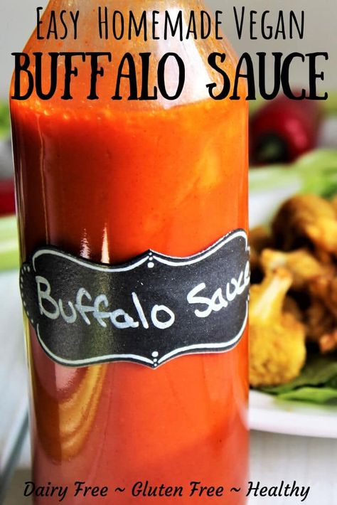 An easy vegan buffalo sauce recipe made with just a few simple ingredients that can be whipped up in about a minute! It dairy free and gluten free. It tastes great on vegan buffalo cauliflower and vegan buffalo chicken made with soy curls. #buffalosauce #vegan #thehiddenveggeis via @https://www.pinterest.com/gfveganmeals/ Vegan Buffalo Sauce Recipe, Vegan Cream Cheese Recipe, Vegan Buffalo Sauce, Buffalo Sauce Recipe, Vegan Buffalo Cauliflower, Homemade Buffalo Sauce, Hot Sauce Recipes, Vegan Sauces, Vegan Comfort Food