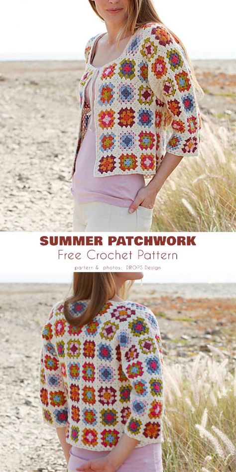 Free Crochet Patchwork Cardigan Patterns, Granny Square Cardigan Pattern Free Sweaters & Cardigans, Granny Square Sweater Pattern Free Shirts & Tops, Granny Square Cardigan Pattern Free Coats & Jackets, Granny Square Jacket Pattern Free Sweaters & Cardigans, Summer Crochet Patterns Free, Sweater And Cardigan, Cardigan Ideas, Free Crochet Sweater