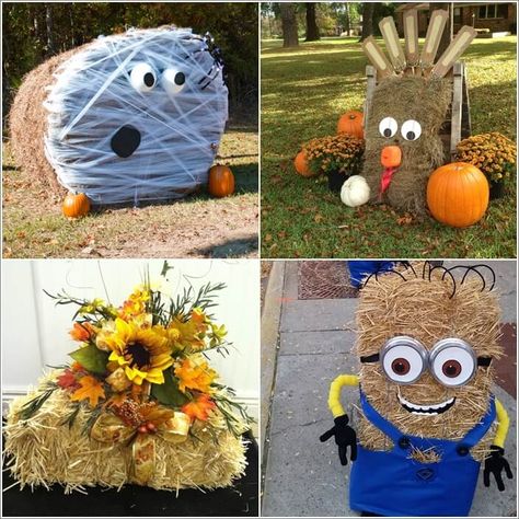 10-creative-projects-to-make-from-hay-bales-this-fall-a How To Decorate A Hay Bale For Fall, Haybale Halloween Decorations, Hay Art Ideas, Square Hay Bale Decorating Ideas Fall, Bails Of Hay Decor Fall, Decorated Hay Bales For Halloween, Hay Bell Fall Decor, Fall Straw Bale Display, Hay Bale Sculpture