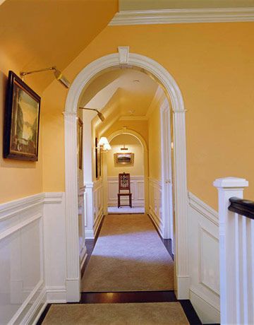 Convert regular doorways to arch doorways (especially in a hallway) using pre-fab arches. Yellow Hallway, Entryway Paint, Entryway Paint Colors, Hallway Paint Colors, Kitchen Color Yellow, Stairs Colours, Cream Paint Colors, Hallway Paint, Hallway Colours