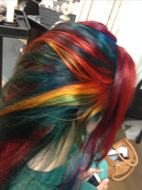 Dark Rainbow Hair, Jewel Tone Hair, Oil Spill Hair, Multicoloured Hair, Red And Blue Hair, Multicolor Hair, Multi Colored Hair, Dyed Hair Inspiration, Multicolored Hair