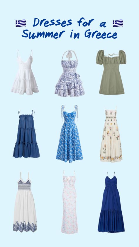 Dresses of different sizes and colors for your next Greek vacation Greece Summer Outfits, Vacation To Greece, Greece Vacation Outfit, Greece Dress, Greek Vacation, Greece Outfit, Greece Vacation, Vacation Outfit, Summer Fashion Outfits