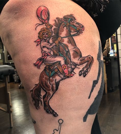 Cowgirl riding a horse tattoo Cowgirl Riding Horse Tattoo, Riding Horse Tattoo, Headless Horseman Tattoo, Cowboy Up Tattoo, Horseman Tattoo, Cowgirl Riding Horse, Cowgirl On Horse, Tattoo Above Knee, Tattoo On Leg